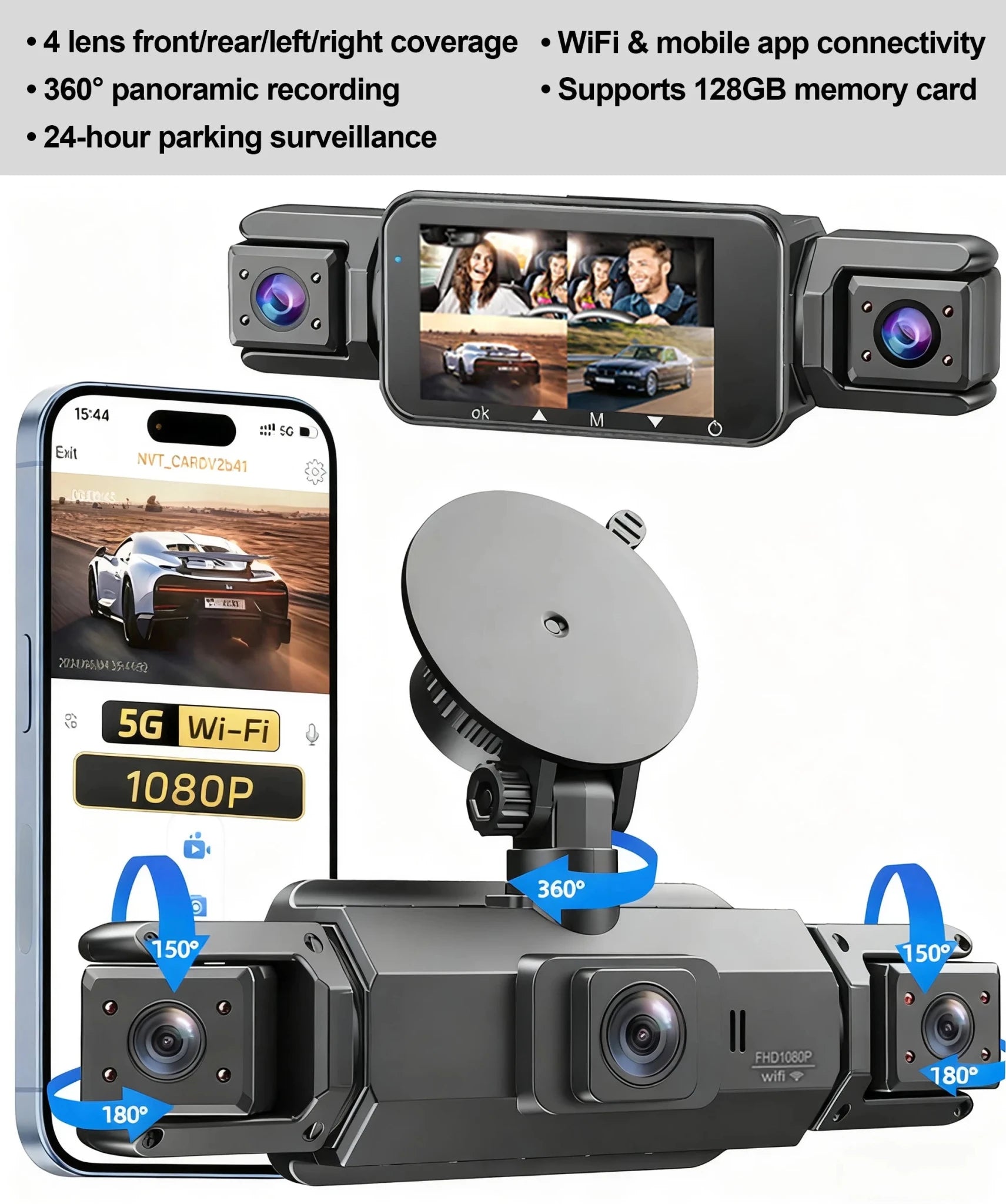 ETYMOOFOX 4 - Channel WiFi Dashcam - 360 Degree Coverage For Front Rear And Sides.