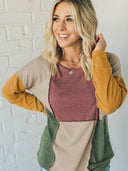 European And American Multi-Color Stitching Long Sleeves T-Shirt Women