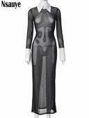 Evening Elegance Vintage Black Mesh Bodycon Maxi Dress