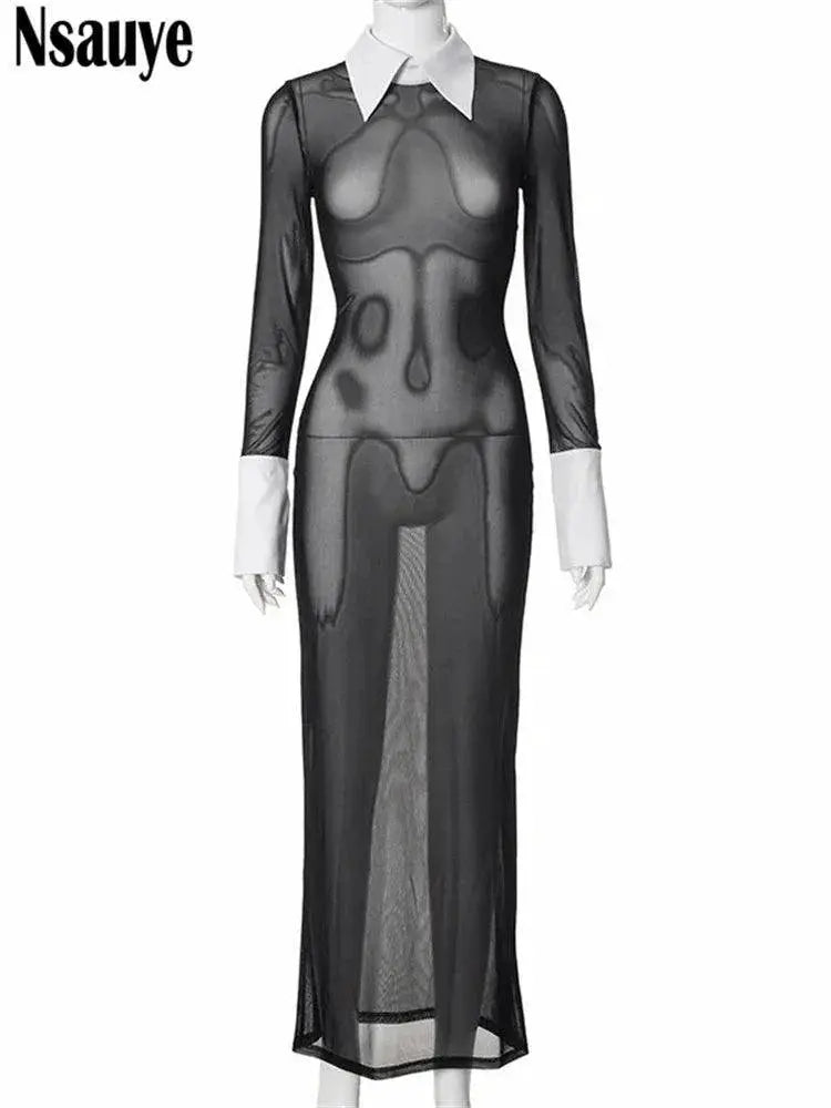Vintage Black Mesh Bodycon Maxi Dress Evening Elegance