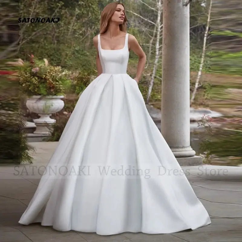 Exclusive Backless Satin Wedding Dress With Pockets A - Line Square Collar