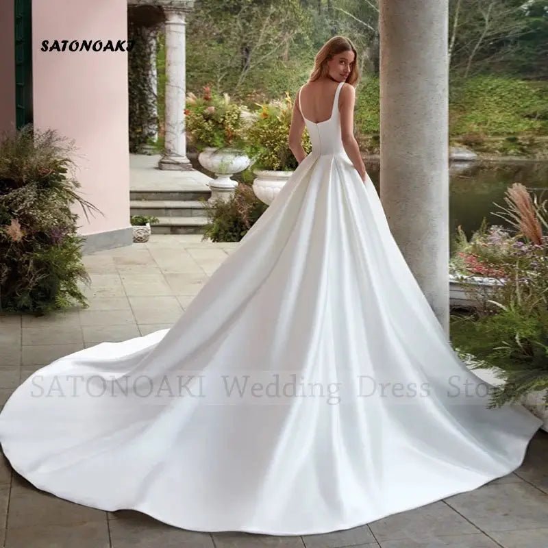 Exclusive Backless Satin Wedding Dress With Pockets A - Line Square Collar