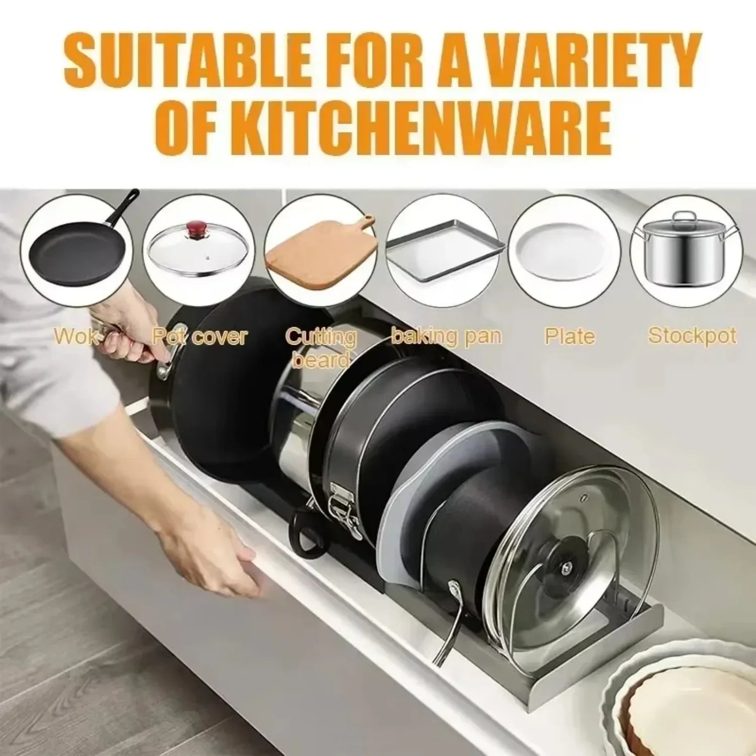 Expandable Pots And Pans Storage Rack With 6 Adjustable Shelves For Cabinets