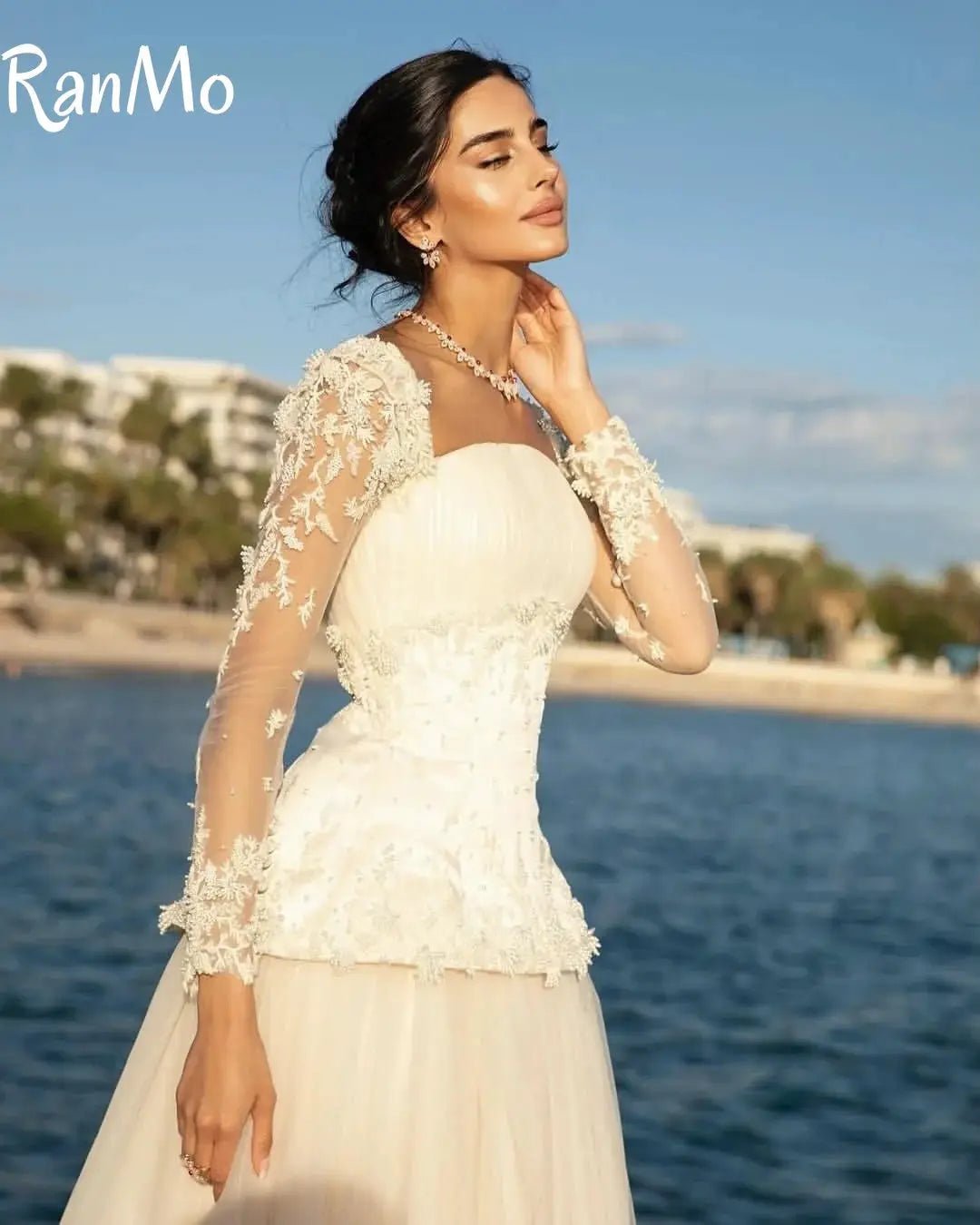 Exquisite Full Sleeve Aline Wedding Dress With Floor Length Lace Pearl Glamour