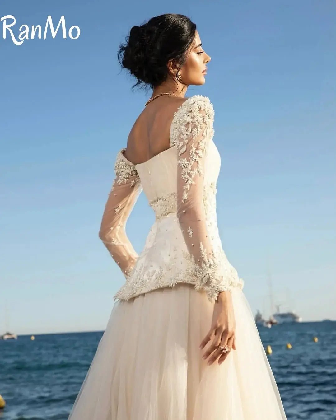 Exquisite Full Sleeve Aline Wedding Dress With Floor Length Lace Pearl Glamour