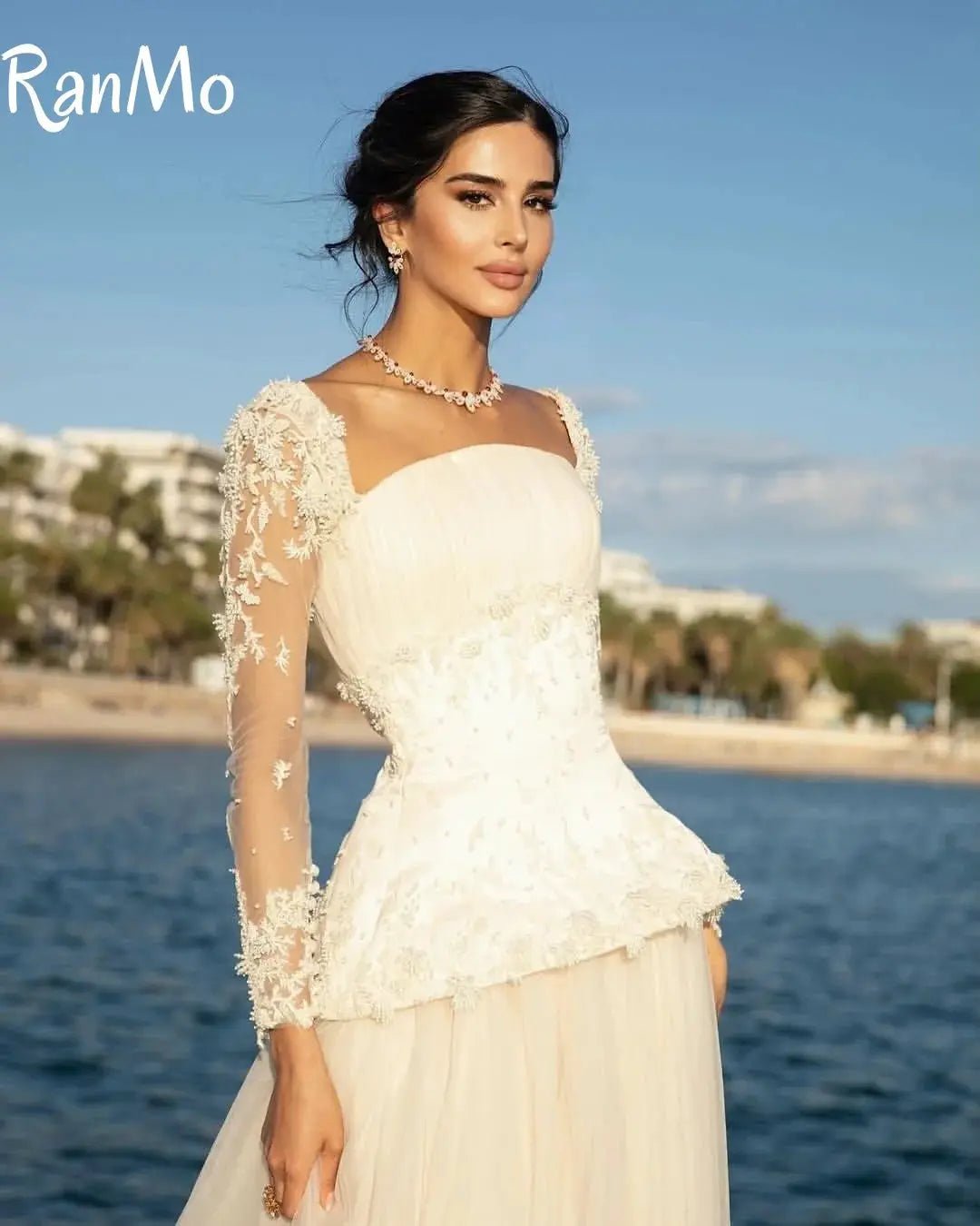 Exquisite Full Sleeve Aline Wedding Dress With Floor Length Lace Pearl Glamour