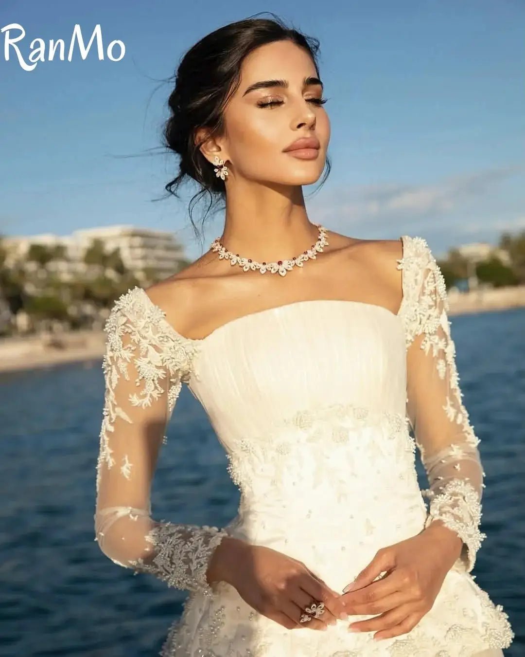 Exquisite Full Sleeve Aline Wedding Dress With Floor Length Lace Pearl Glamour
