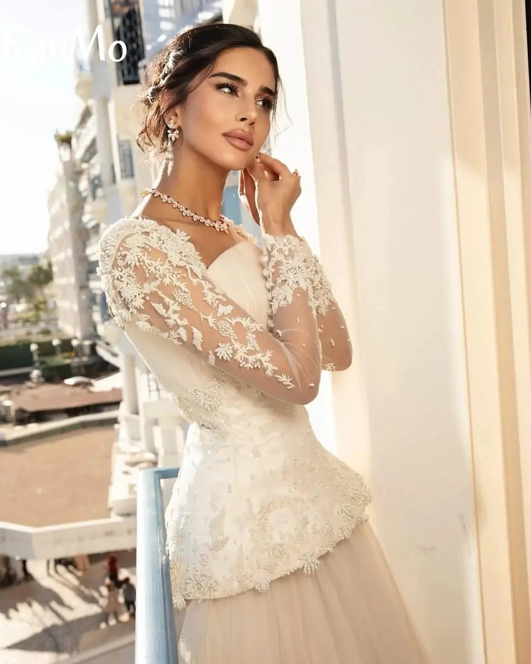 Exquisite Full Sleeve Aline Wedding Dress With Floor Length Lace Pearl Glamour