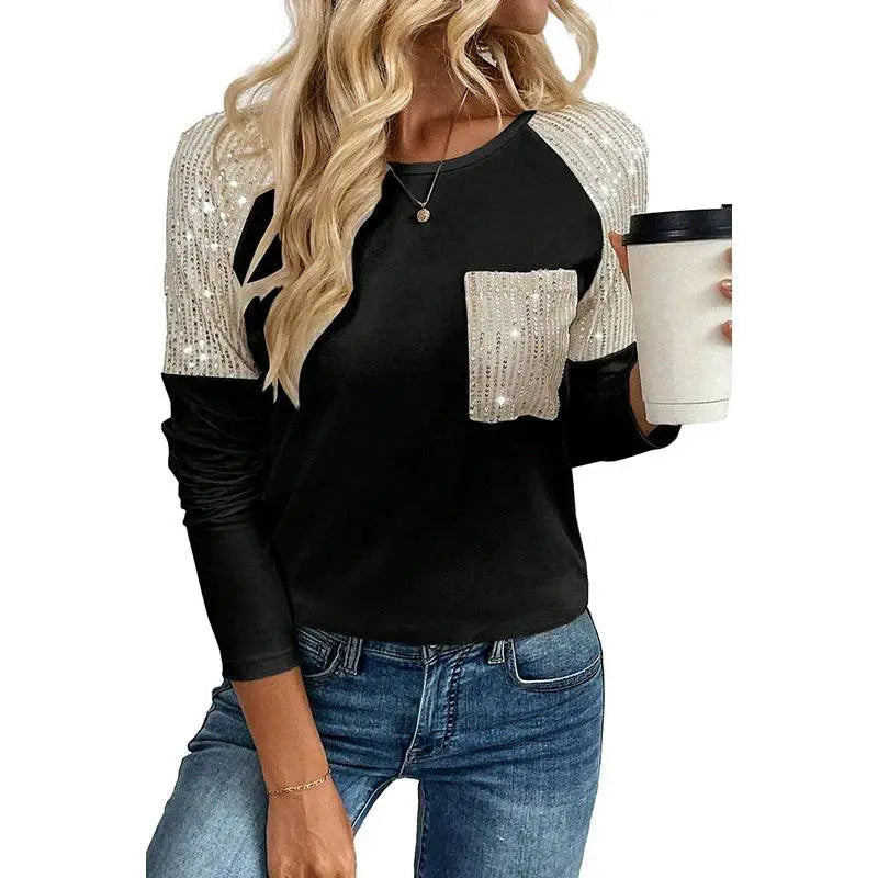 Black Long Sleeve Sequin Pullover European Stitching