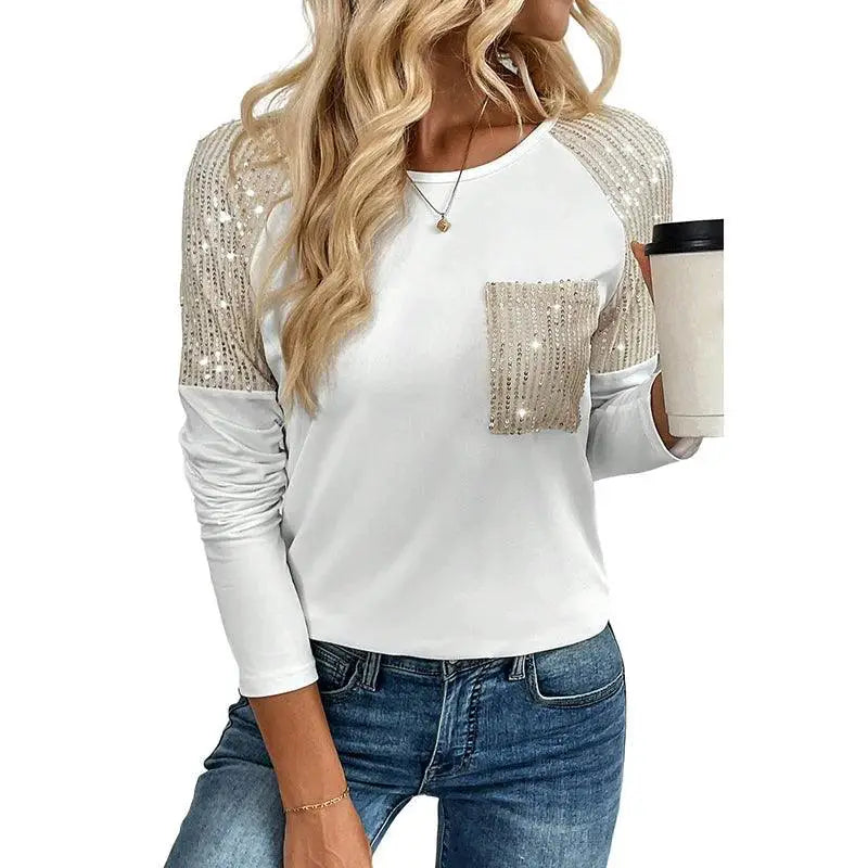 Black Long Sleeve Sequin Pullover European Stitching
