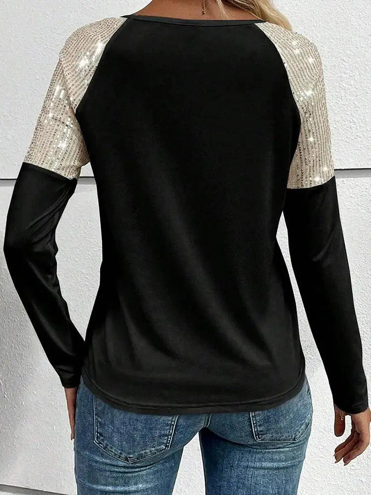 Black Long Sleeve Sequin Pullover European Stitching