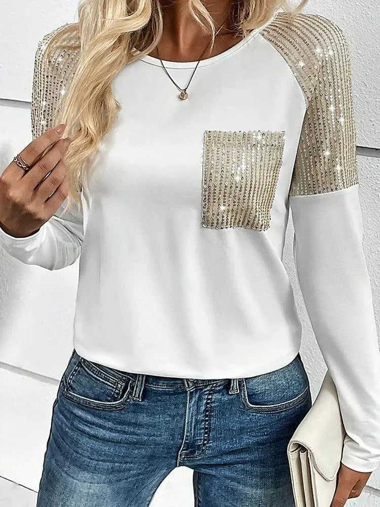 Black Long Sleeve Sequin Pullover European Stitching