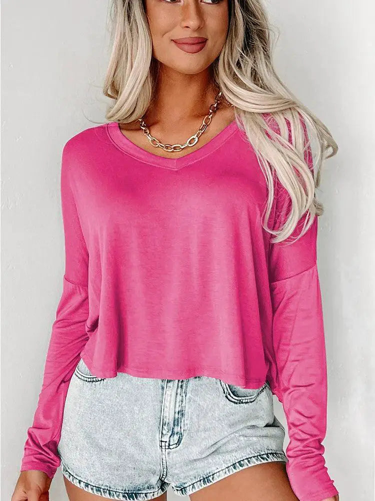 Fall And Winter V Neck Pullover Long Sleeve T Shirt