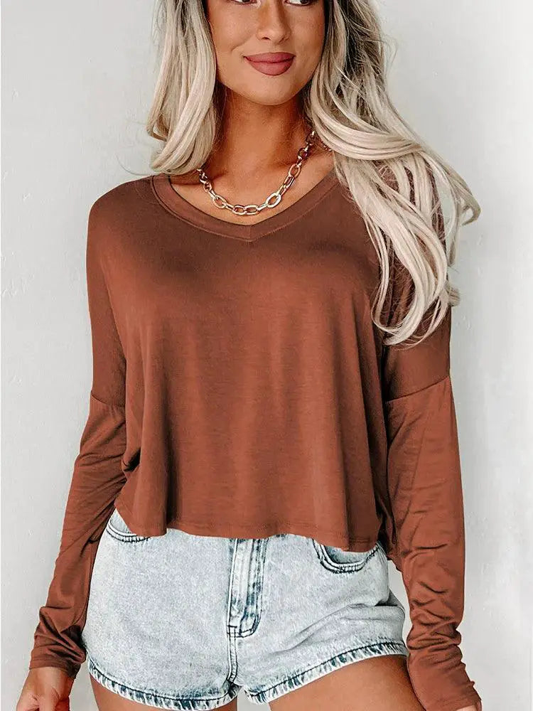 Fall And Winter V Neck Pullover Long Sleeve T Shirt