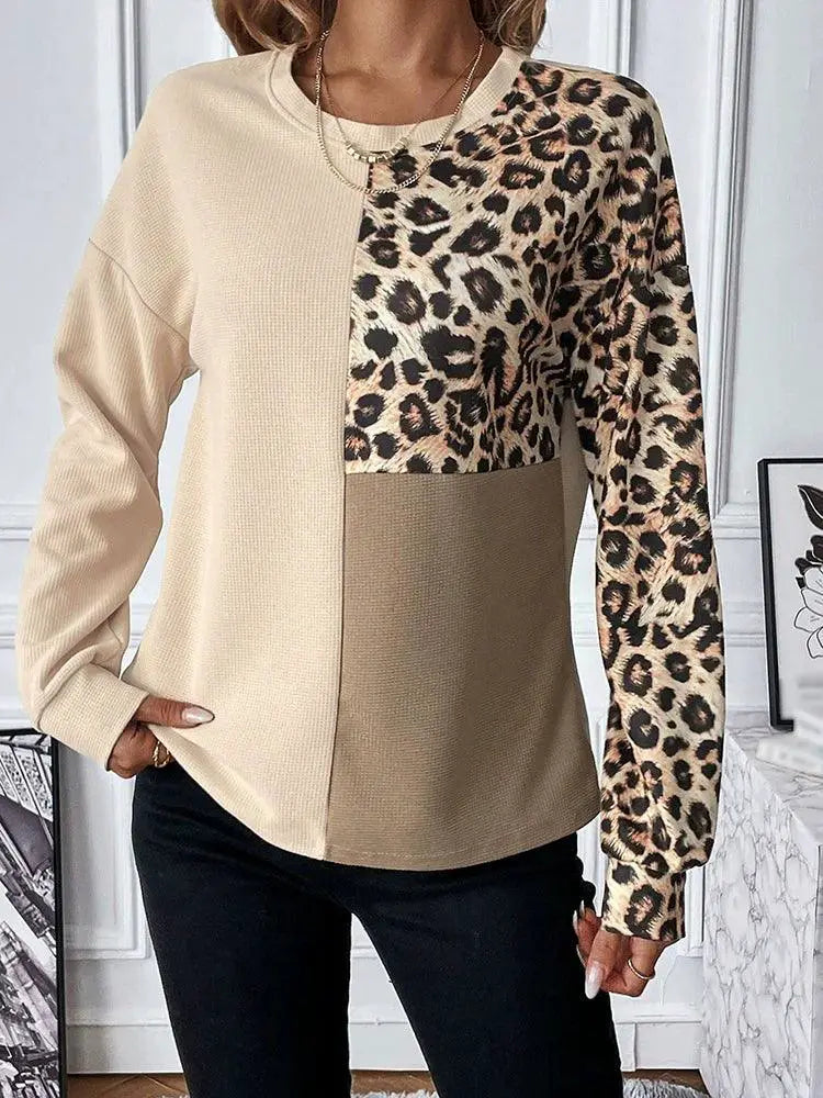 Stitching Leopard Print Pullover T Shirt For Fall And Winter