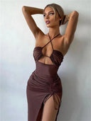 Fantoye Elegant Sleeveless Drawstring Dress High Split Partywear