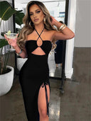 Fantoye Elegant Sleeveless Drawstring Dress High Split Partywear