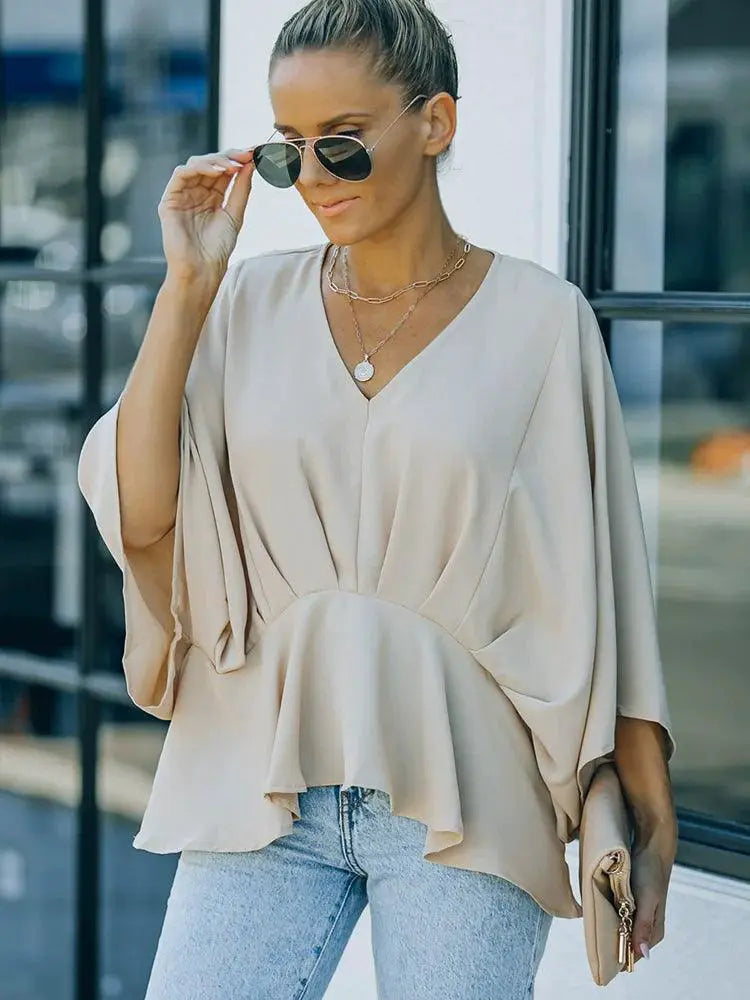 Fashion Bat Pure Color Three Quarter Sleeve Chiffon Shirt