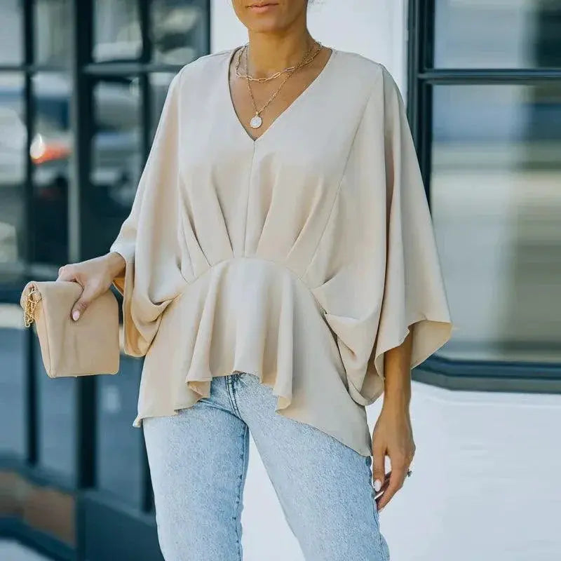 Fashion Bat Pure Color Three Quarter Sleeve Chiffon Shirt
