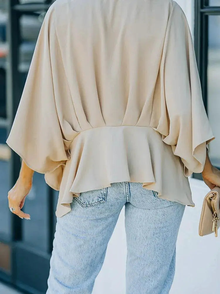 Fashion Bat Pure Color Three Quarter Sleeve Chiffon Shirt