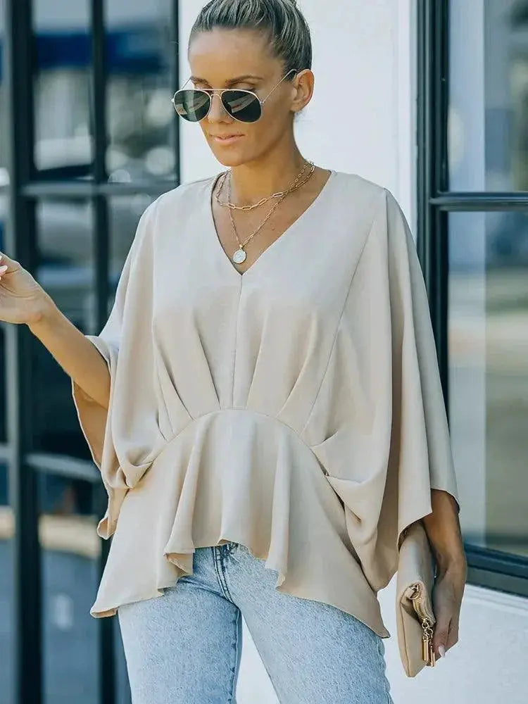 Fashion Bat Pure Color Three Quarter Sleeve Chiffon Shirt