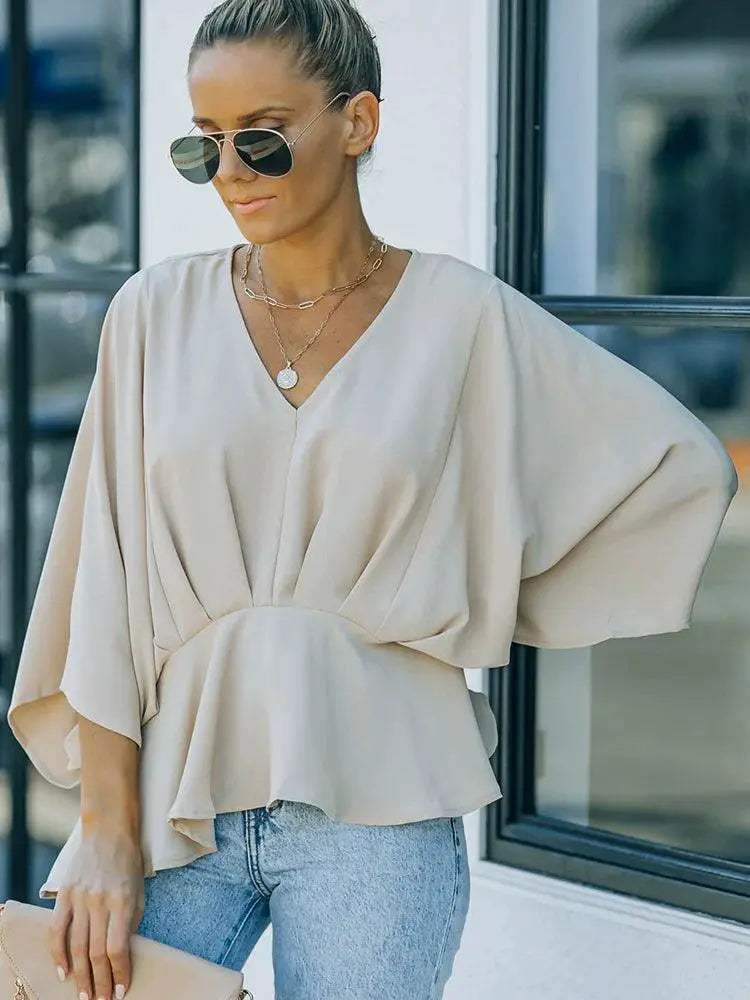 Fashion Bat Pure Color Three Quarter Sleeve Chiffon Shirt