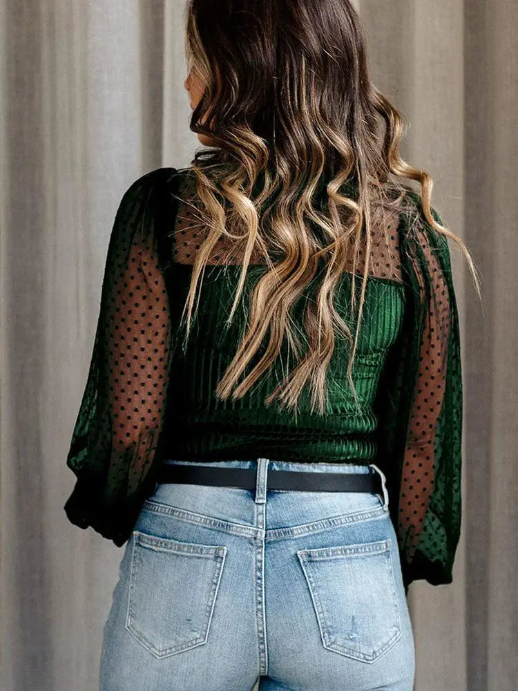 Fashion Black Panel Autumn Winter Round Neck Mesh Shirt