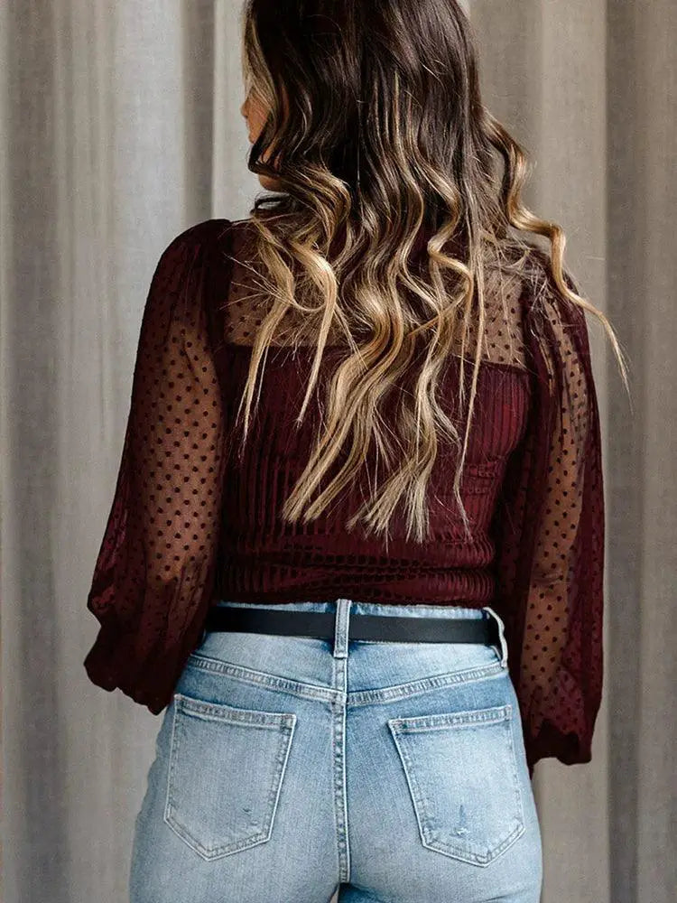 Fashion Black Panel Autumn Winter Round Neck Mesh Shirt