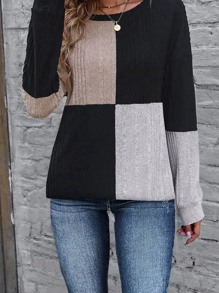 Women Multicolor Stitching Long Sleeve T Shirt Round Neck