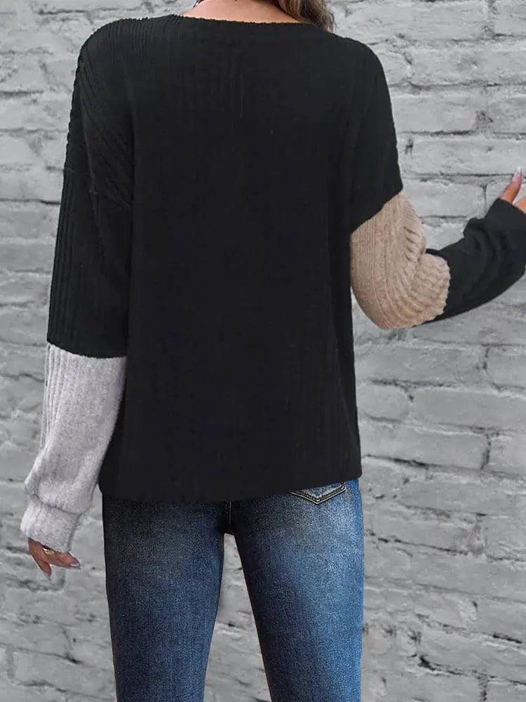 Women Multicolor Stitching Long Sleeve T Shirt Round Neck