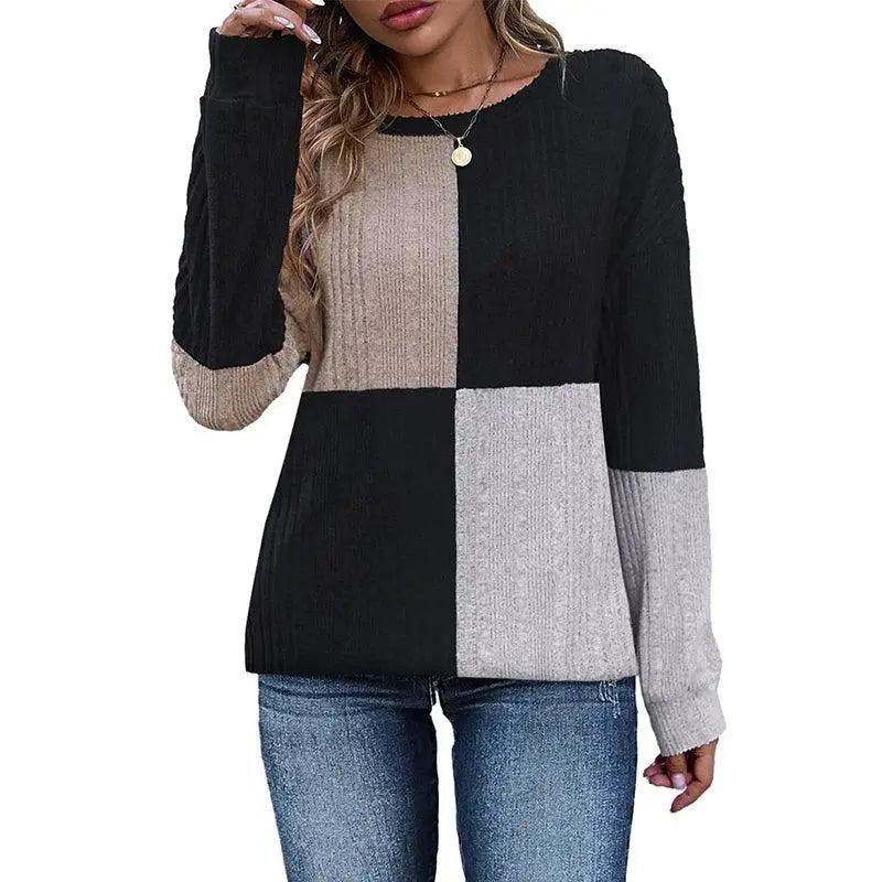 Women Multicolor Stitching Long Sleeve T Shirt Round Neck