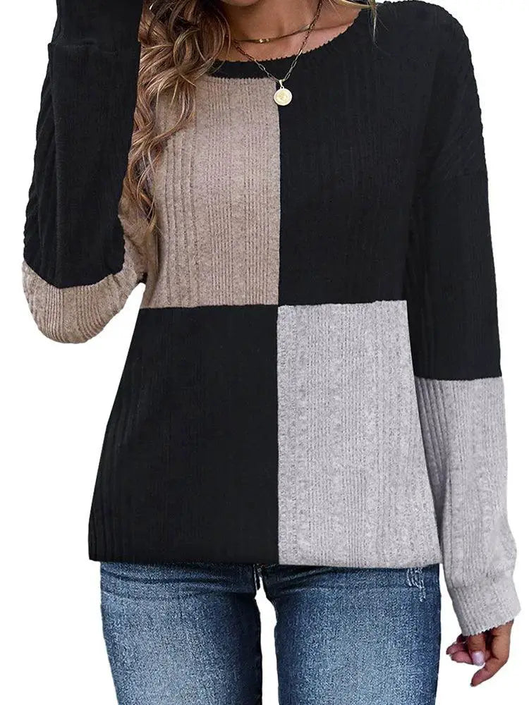 Women Multicolor Stitching Long Sleeve T Shirt Round Neck