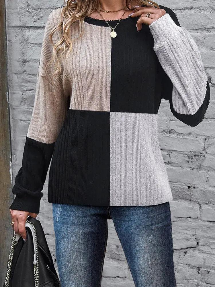 Women Multicolor Stitching Long Sleeve T Shirt Round Neck