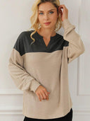 Fashion Contrast Color V-neck Long Sleeve Pullover Hoodie Women