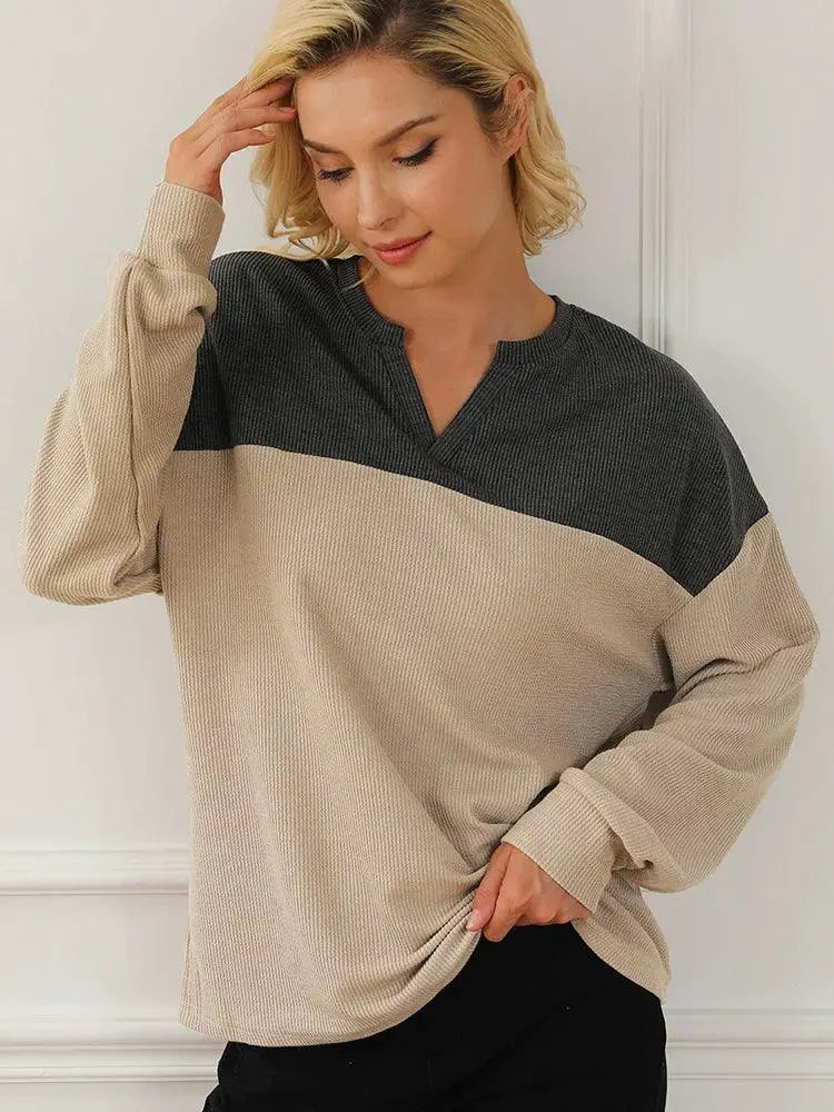 Fashion Contrast V Neck Long Sleeve Pullover Hoodie Women