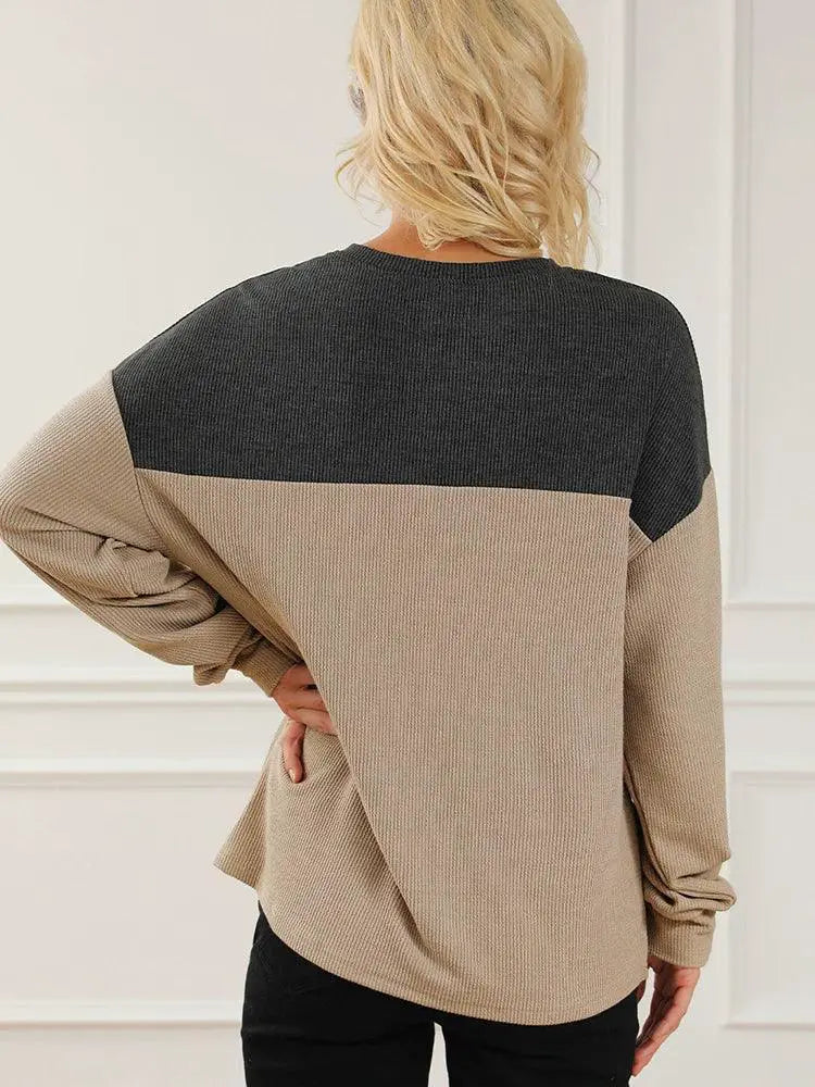 Fashion Contrast V Neck Long Sleeve Pullover Hoodie Women