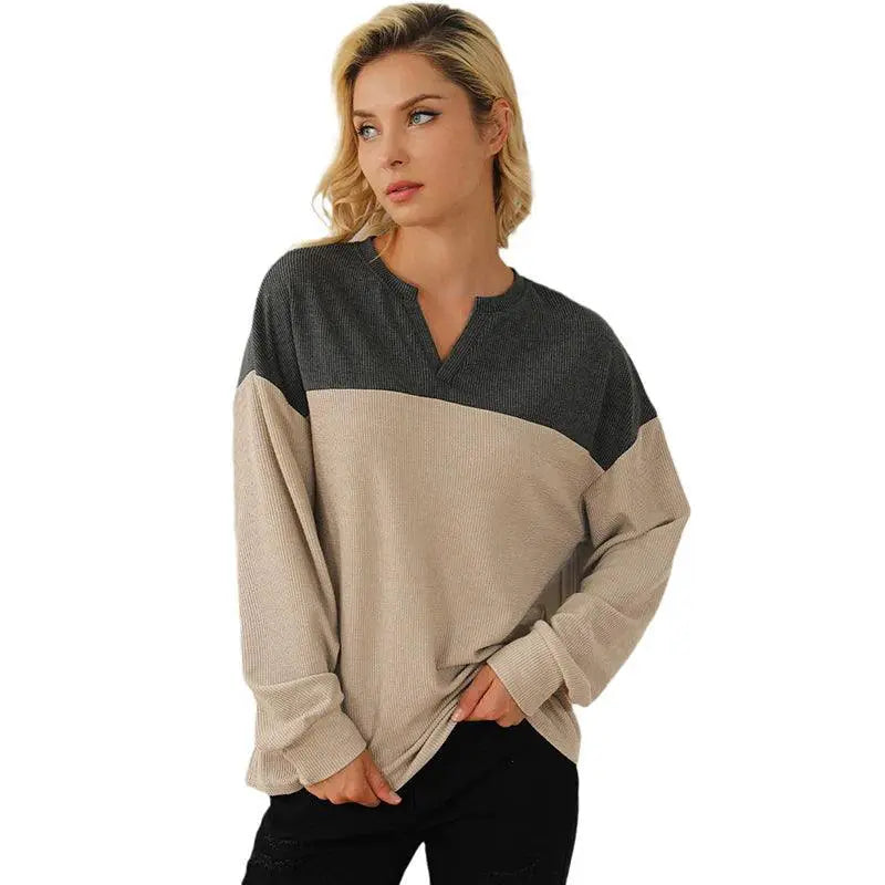 Fashion Contrast V Neck Long Sleeve Pullover Hoodie Women