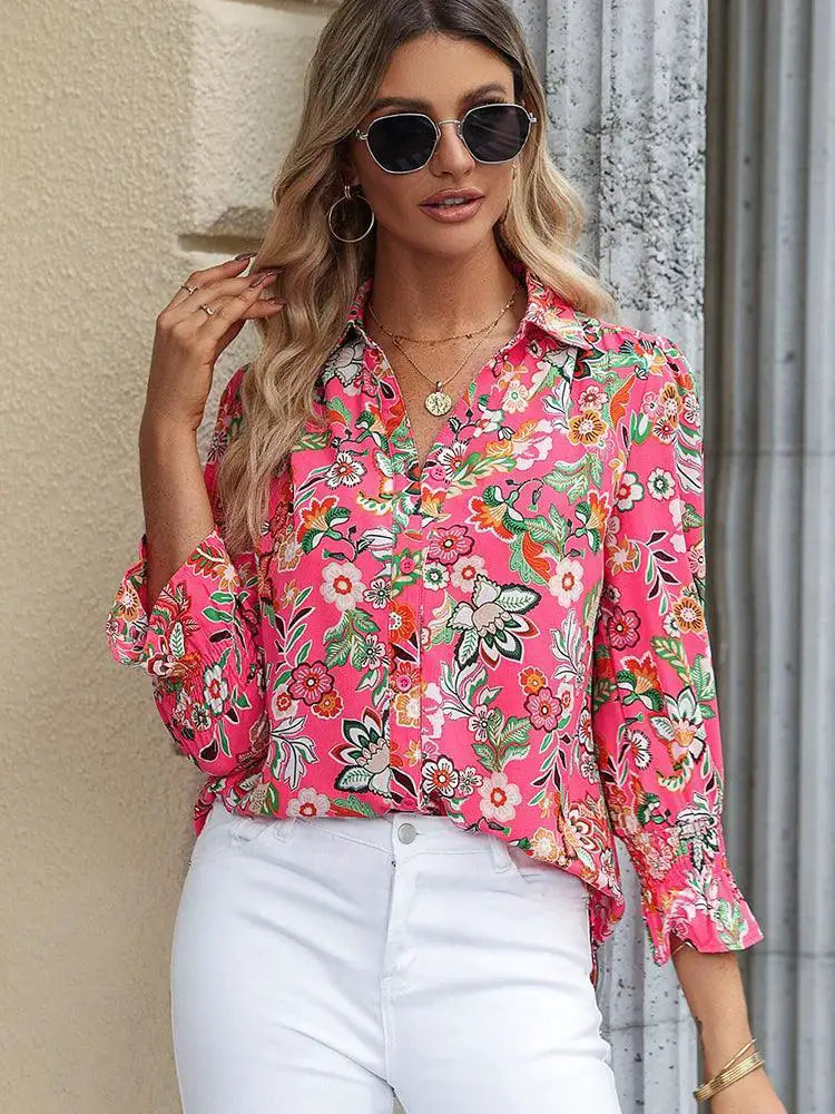 Fashion Florals Print Long Sleeve Shirt Women 2024 Spring