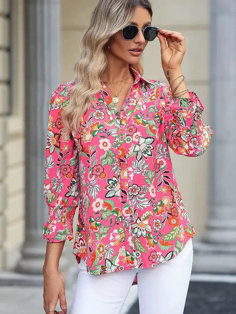 Fashion Florals Print Long Sleeve Shirt Women 2024 Spring
