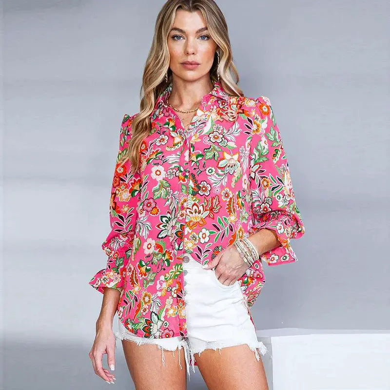 Fashion Florals Print Long Sleeve Shirt Women 2024 Spring