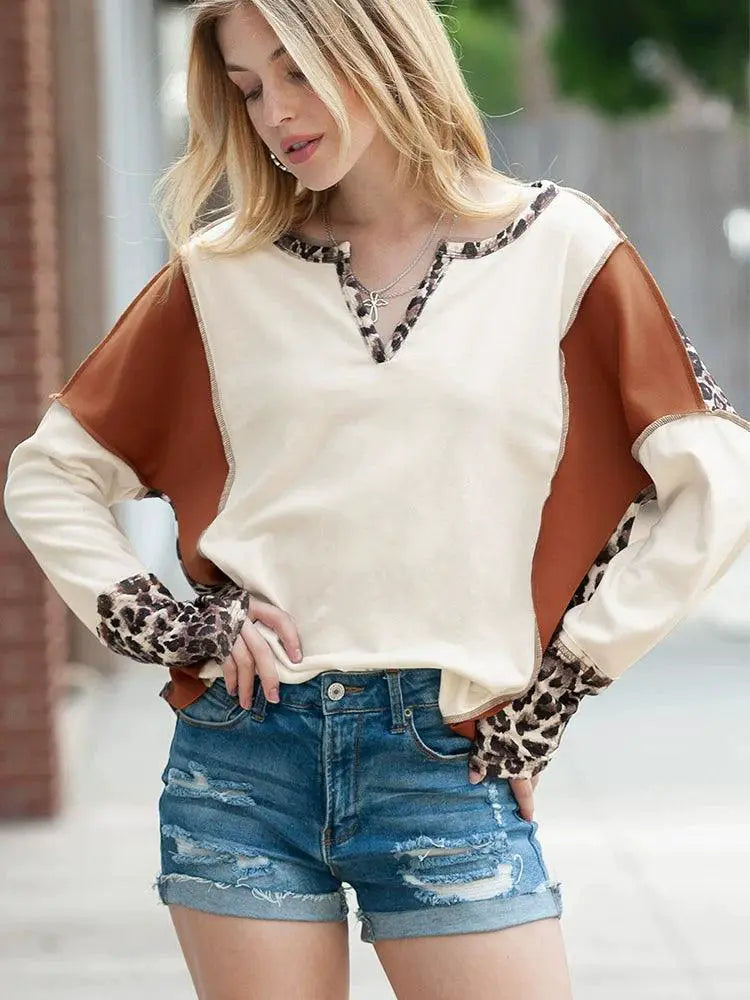 Fashion Leopard Print Stitching Long Sleeve T Shirt Women