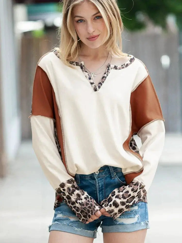 Fashion Leopard Print Stitching Long Sleeve T Shirt Women