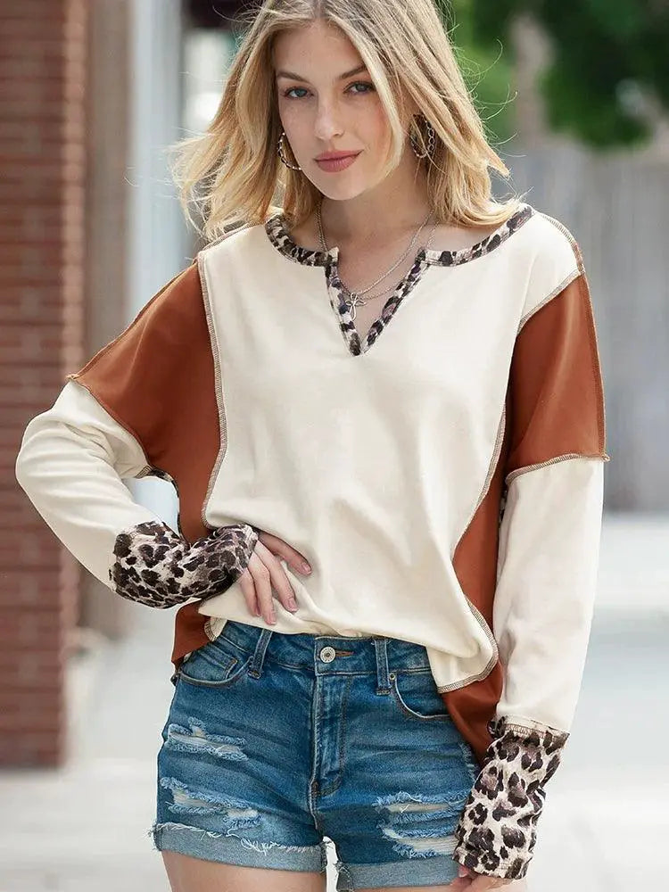 Fashion Leopard Print Stitching Long Sleeve T Shirt Women
