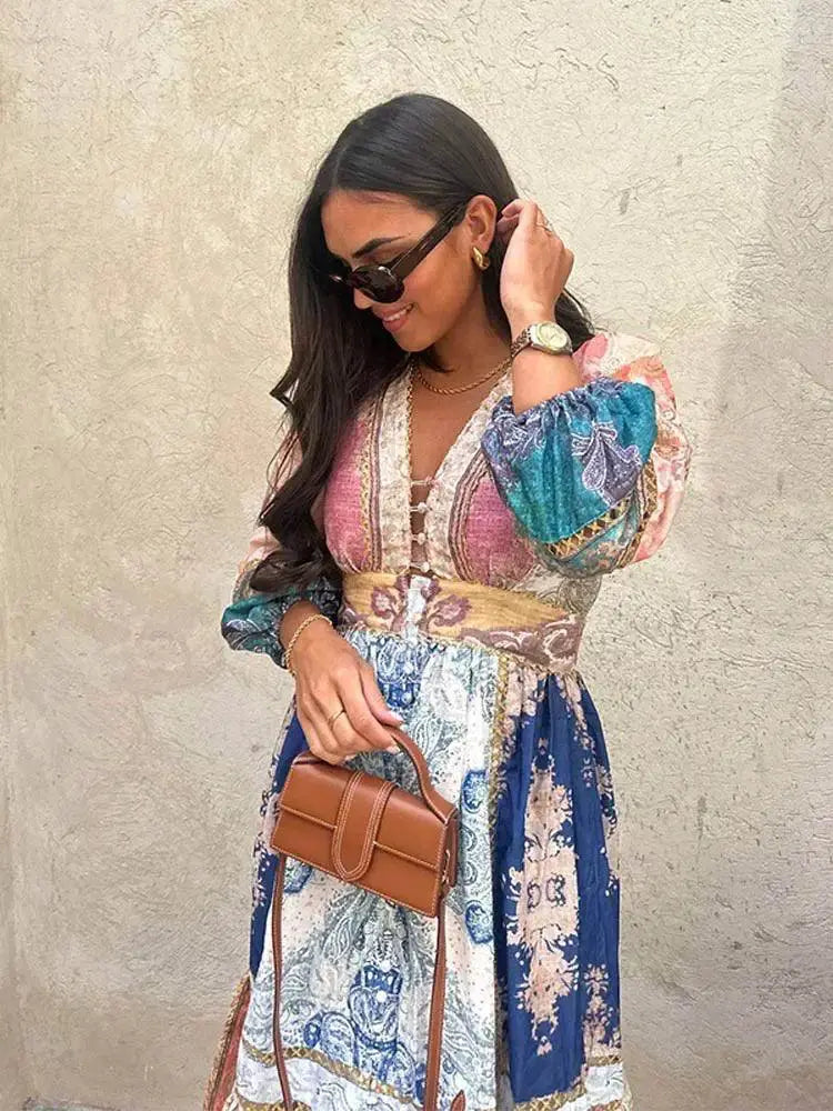 Patchwork Print Midi Dress for Women Summer Style Chic