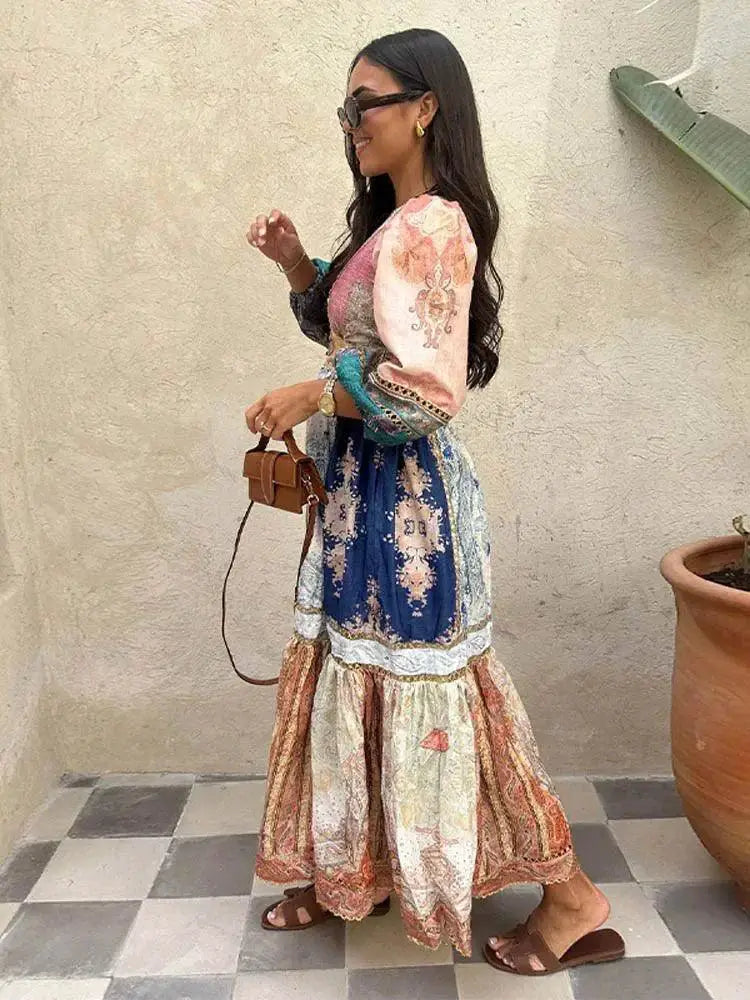 Patchwork Print Midi Dress for Women Summer Style Chic