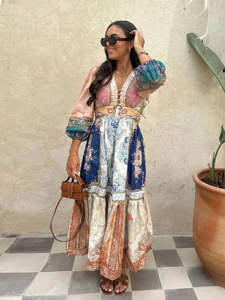 Patchwork Print Midi Dress for Women Summer Style Chic