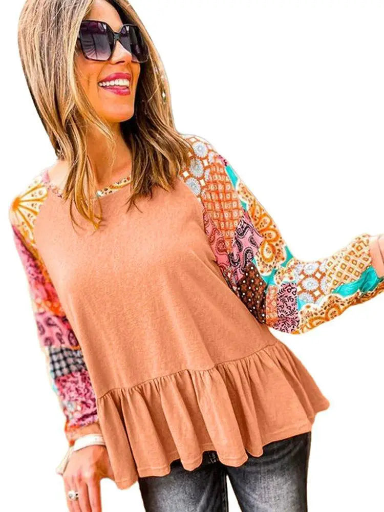 Plant Print Sleeve Round Neck T Shirt Women 2024 Trend
