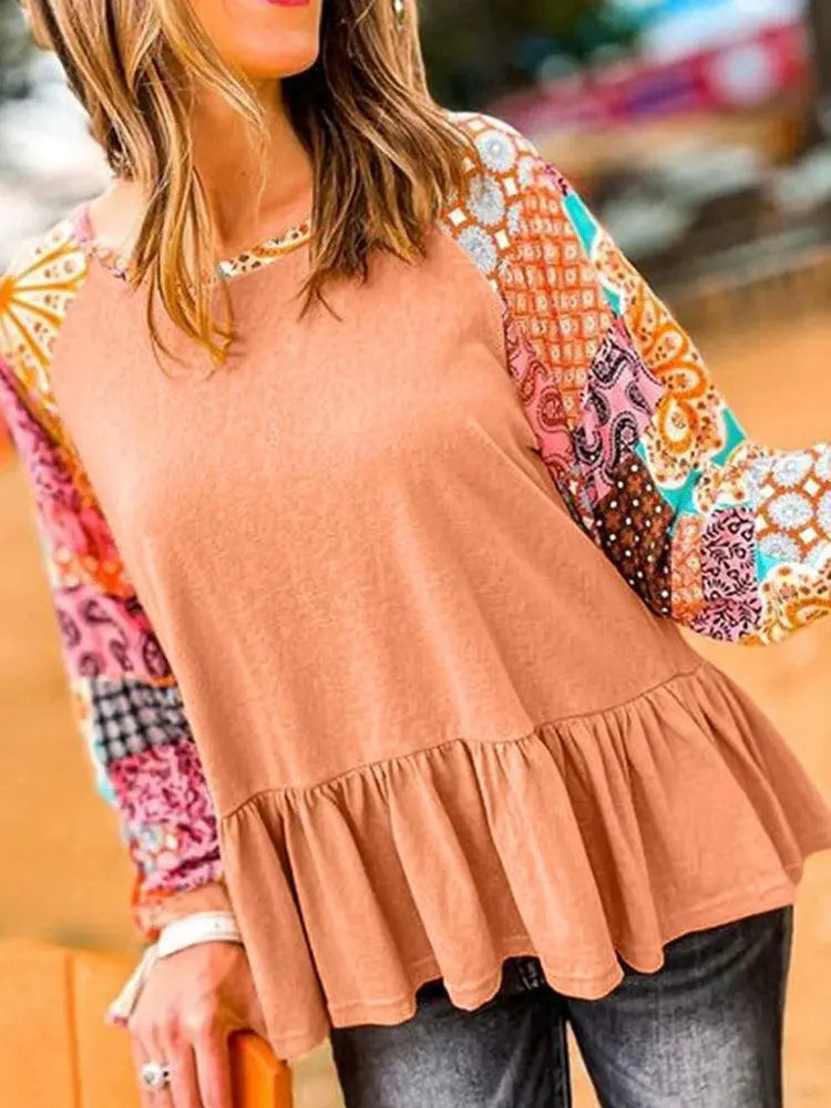 Plant Print Sleeve Round Neck T Shirt Women 2024 Trend
