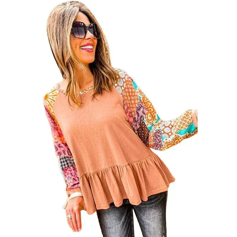 Plant Print Sleeve Round Neck T Shirt Women 2024 Trend