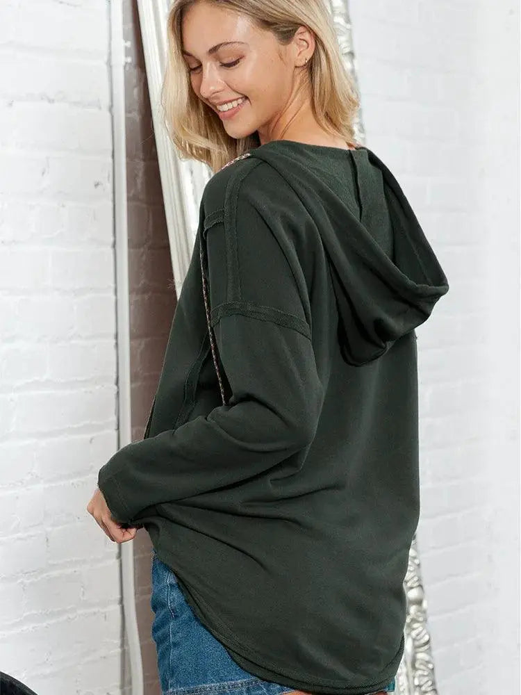 Pure Color Warm Long Sleeve Hooded Sweatshirt For Women